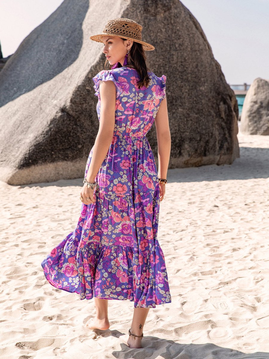 Printed V - Neck Midi Dress - Vacation Dress