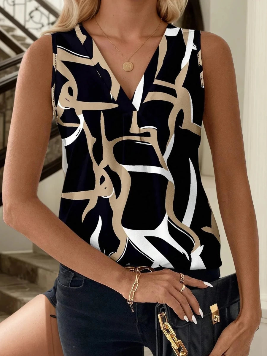 Printed V - Neck Tank Top - 