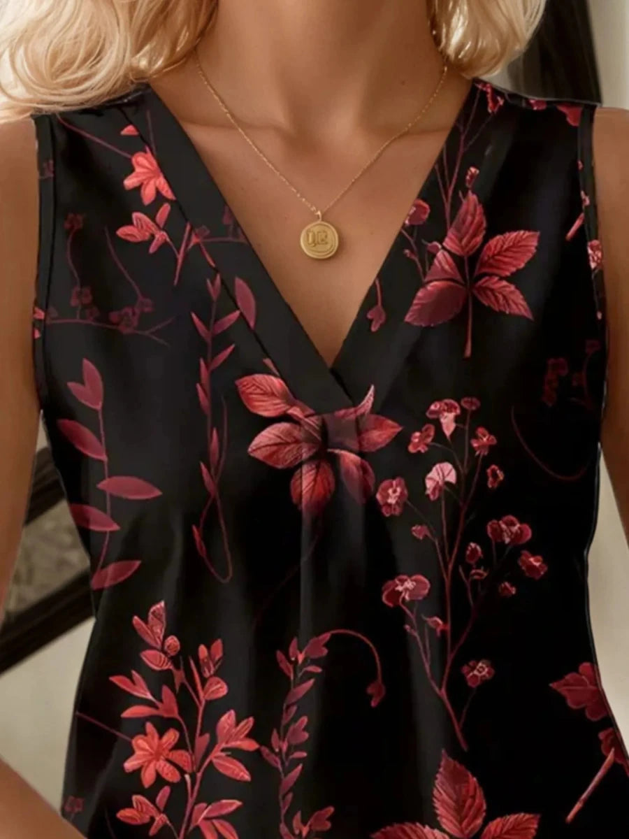 Printed V - Neck Tank Top - 