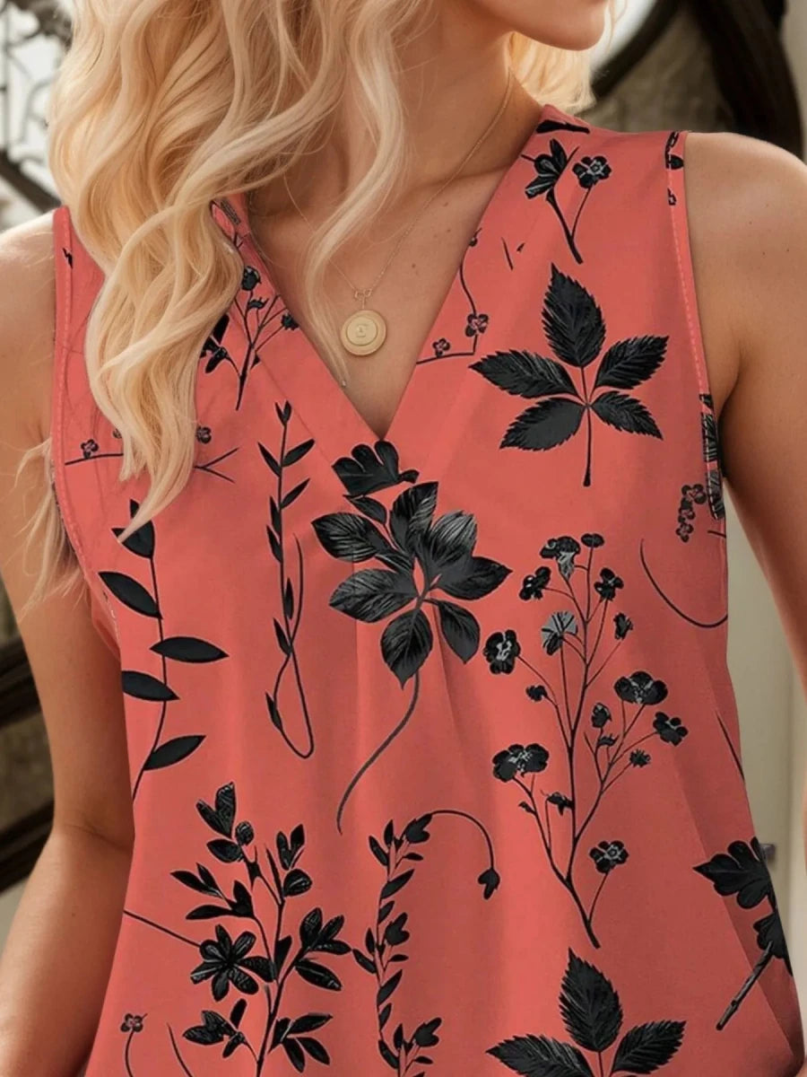 Printed V - Neck Tank Top - 