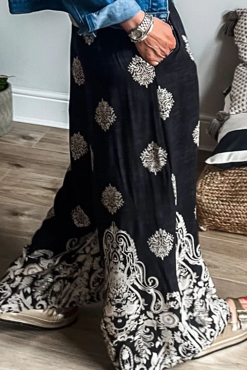 Printed Wide Leg Pants - Bottoms