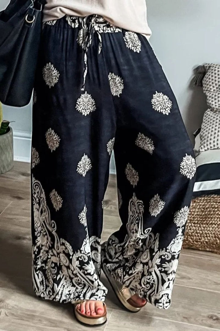 Printed Wide Leg Pants - Bottoms