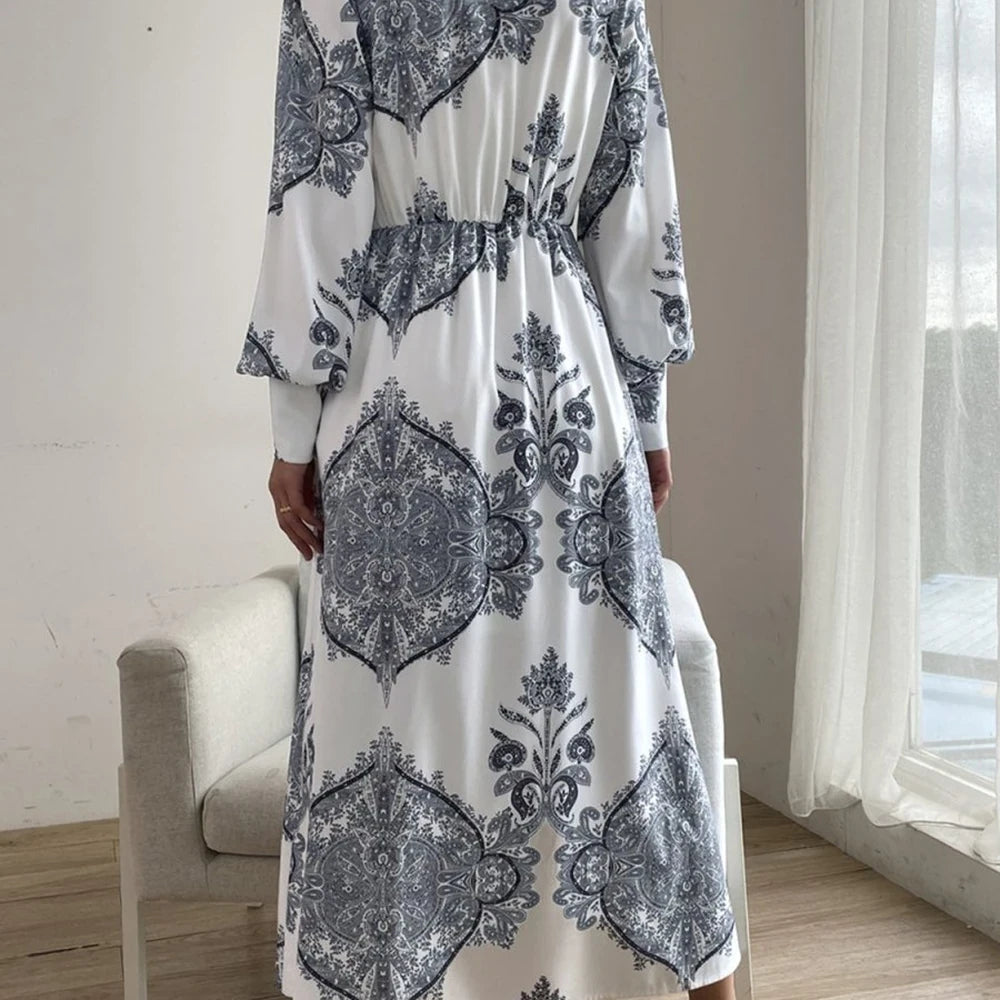 Printed Midi Dress with Lantern Sleeves
