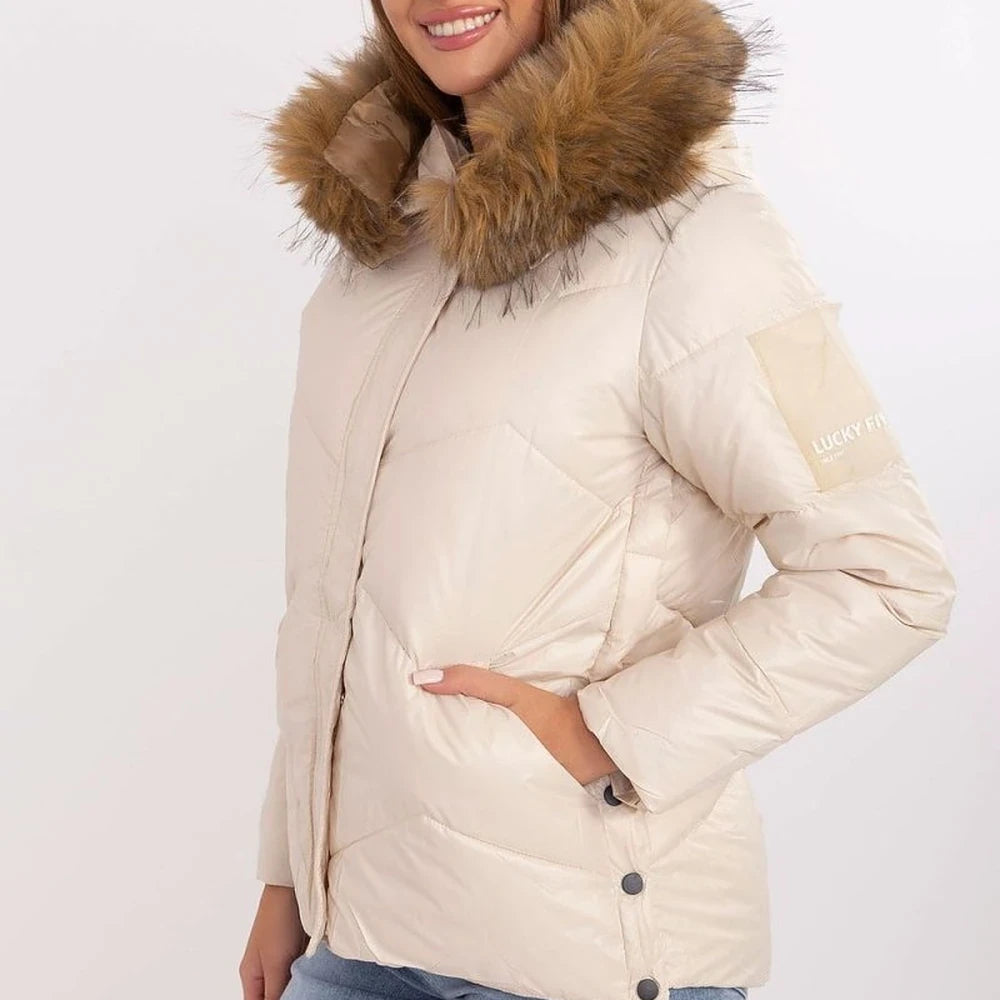Women's Quilted Down Jacket with Detachable Fur Hood