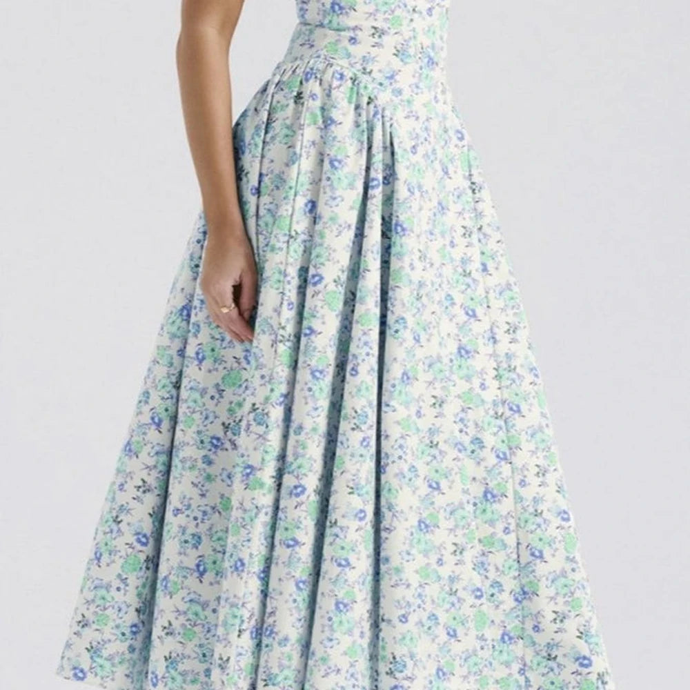 Floral Midi Dress Square Neck Wide Straps