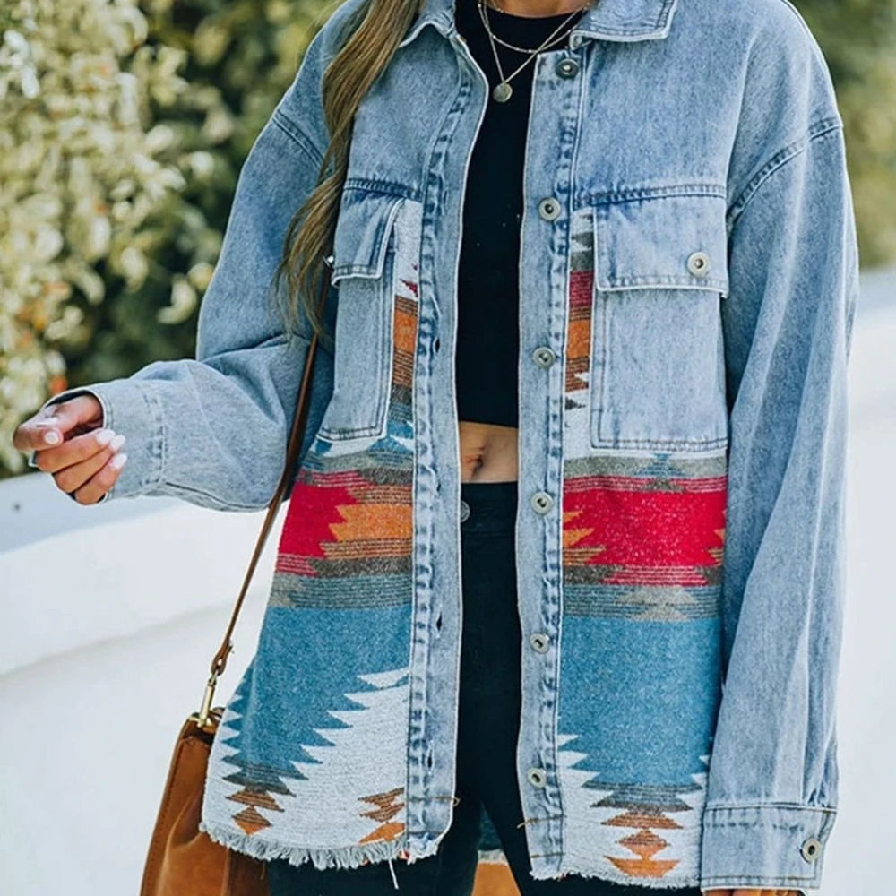 Collared Neck Denim Jacket with Raw Hem
