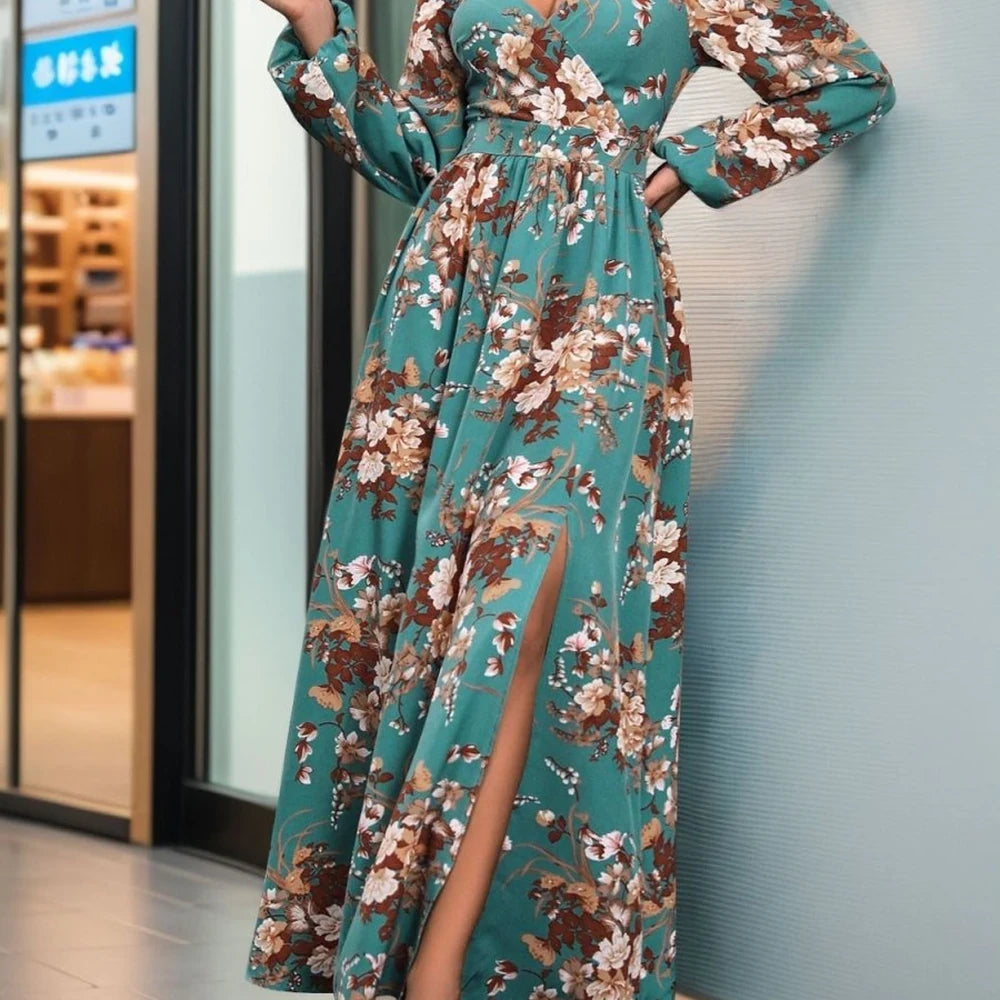 Printed Surplice Maxi Dress with Slit