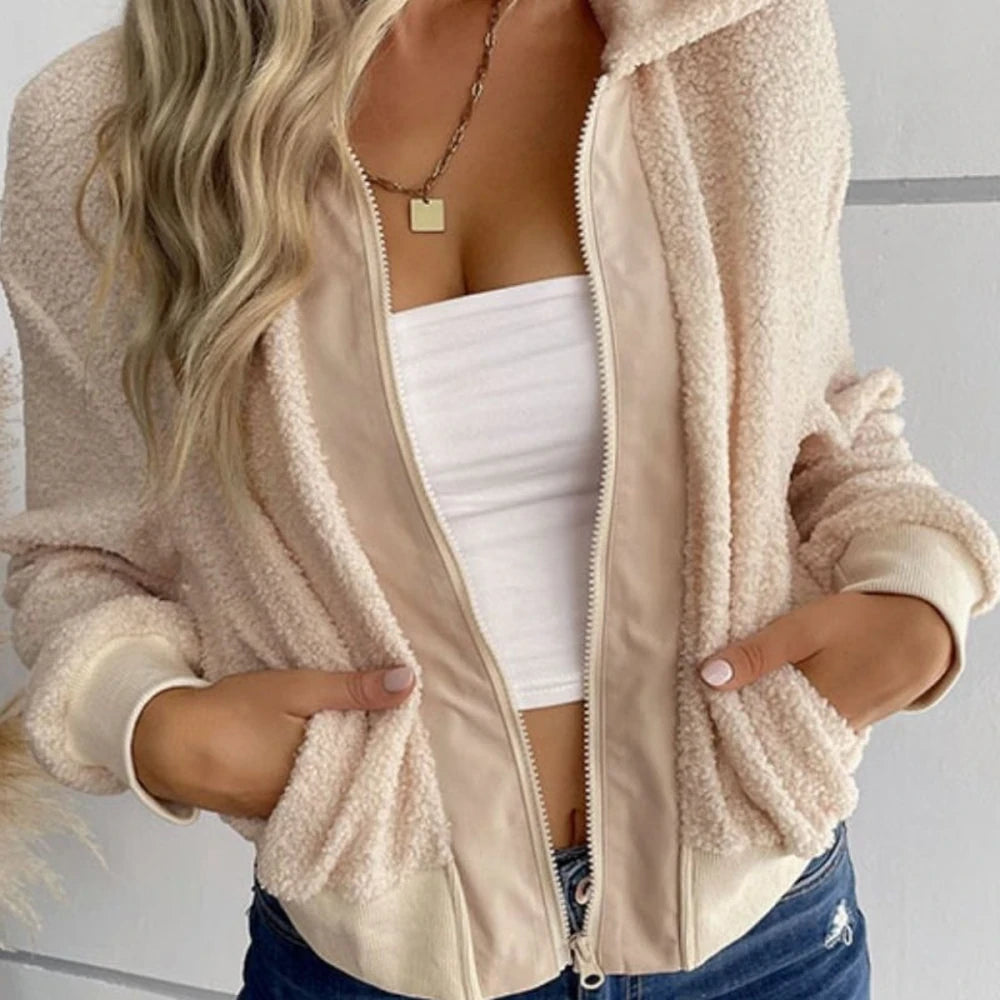 Sherpa Zip-Up Collared Neck Cropped Jacket