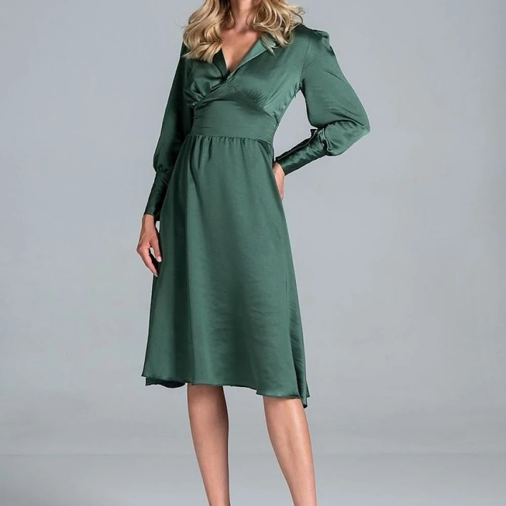 Midi Satin Dress with Lapel Neckline
