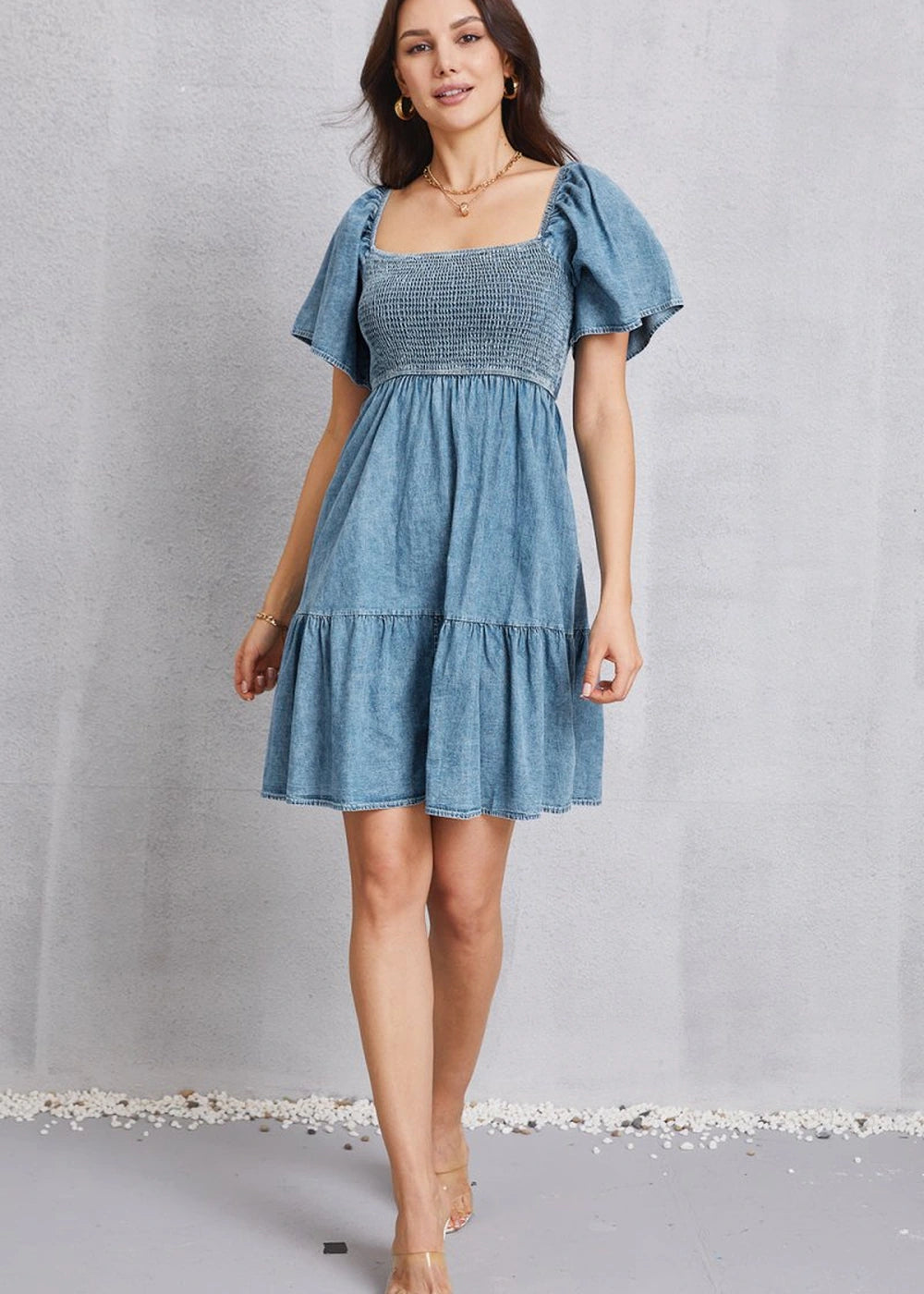 Smocked square neck mini denim
