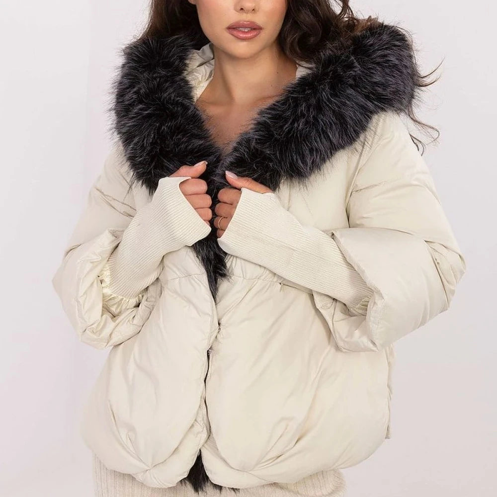 Beige Quilted Hooded Down Jacket
