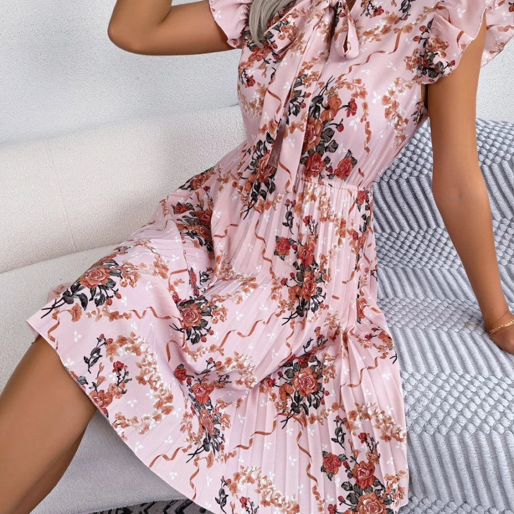 Floral Tie Neck Knee Length A-line Dress