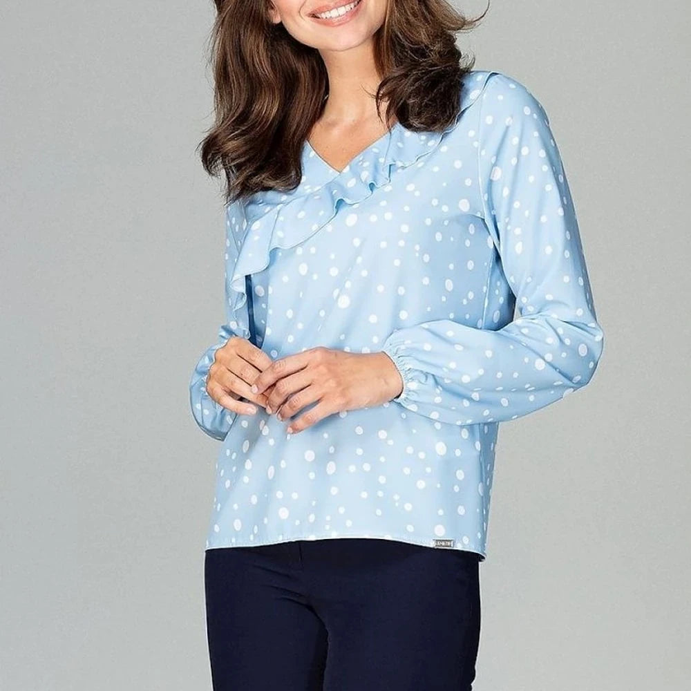 Patterned Blouse with Flounce & Elastic Cuffs