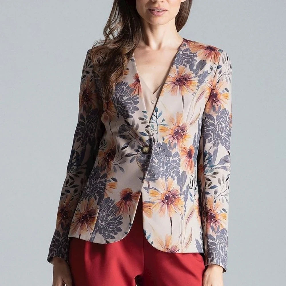 Patterned One-Button Jacket with No Lapels