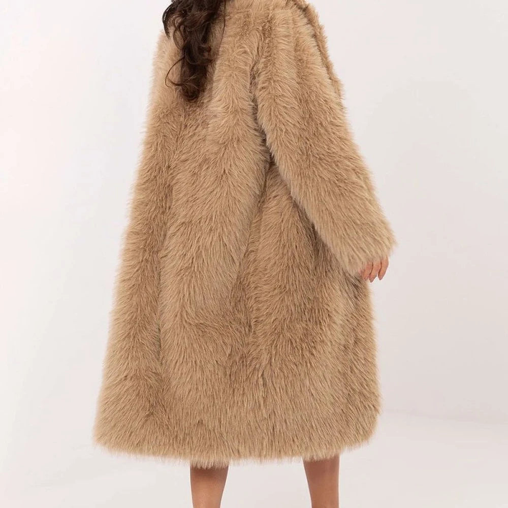 Brown Long Fur Coat with Snap Closure