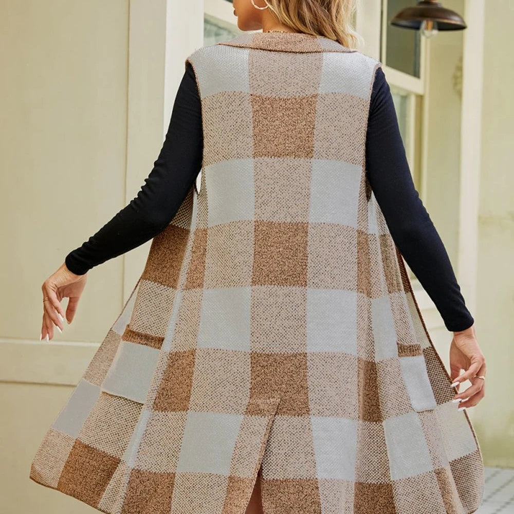 Plaid Open Front Cardigan with Pockets