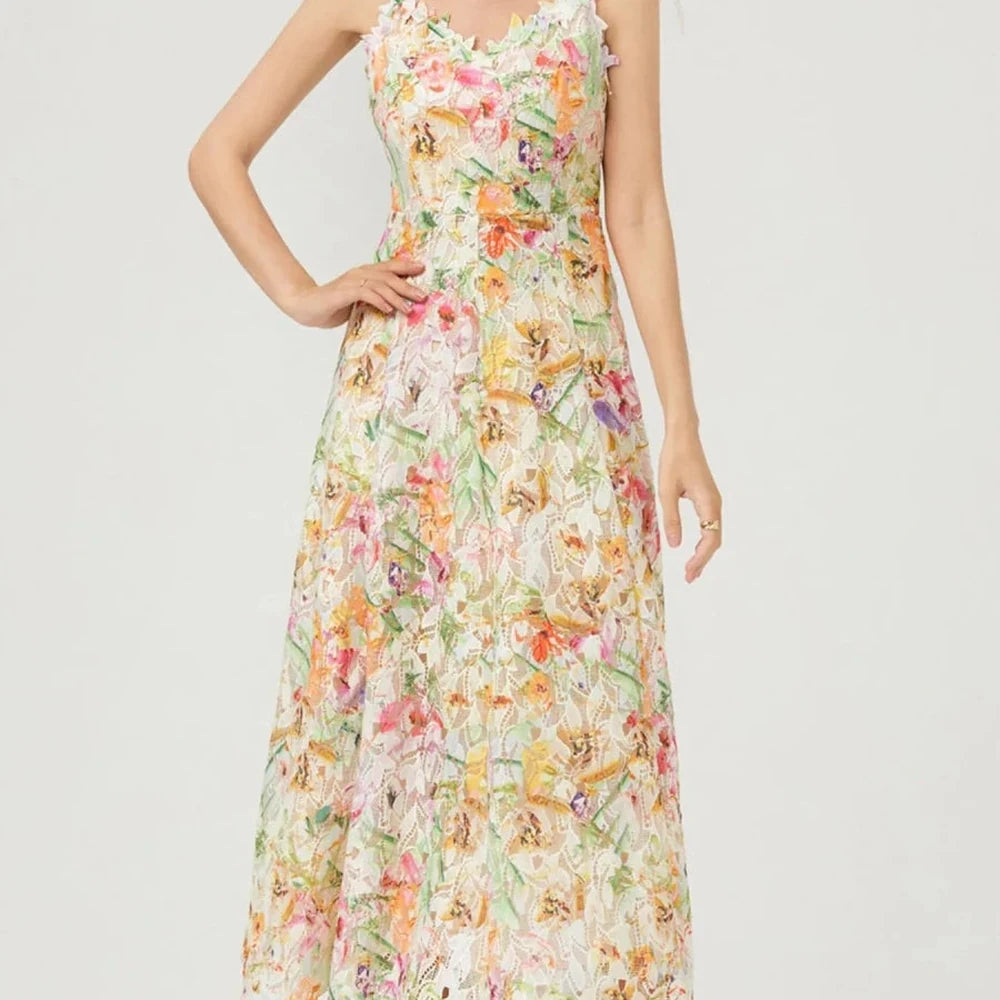 Floral Lace V-Neck Midi Dress