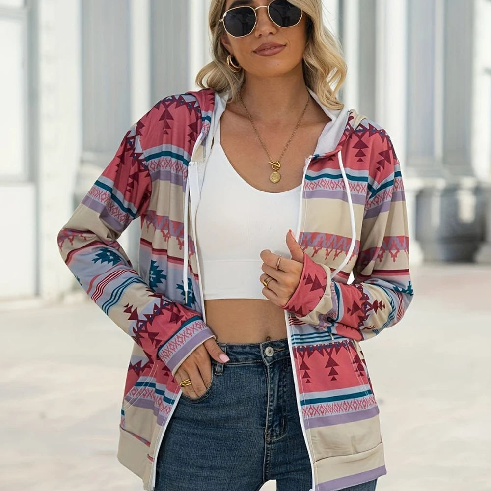 Geometric Zip Up Hooded Jacket