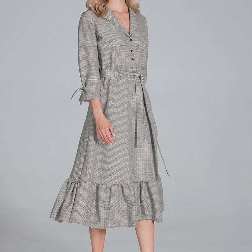 Maxi Dress Ruffle Hem V-Neck Buttoned