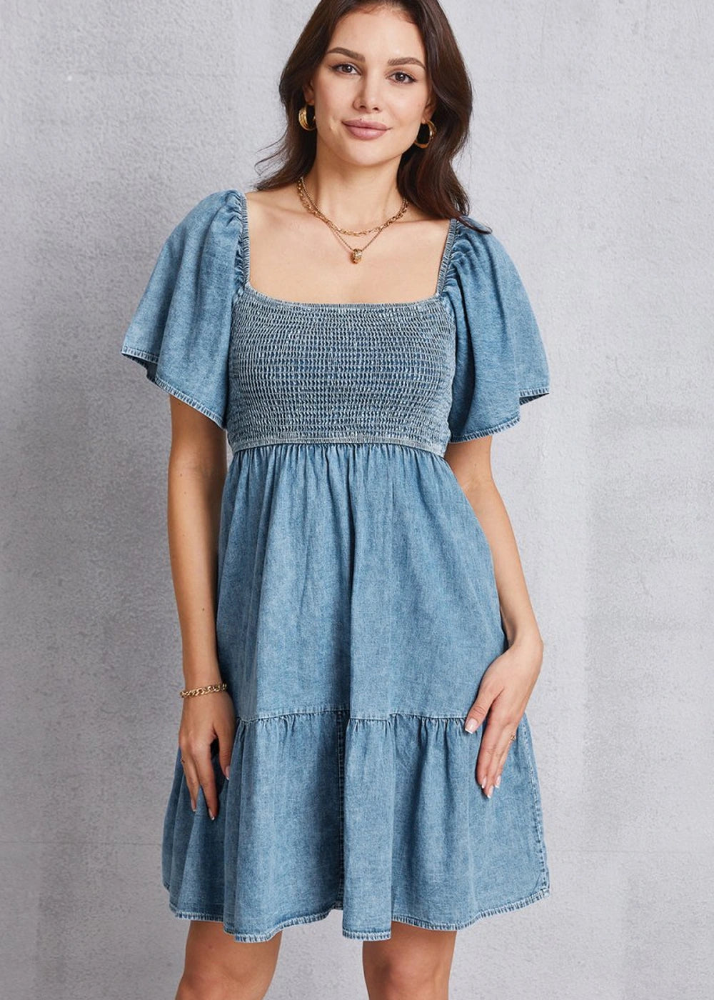 Smocked square neck mini denim