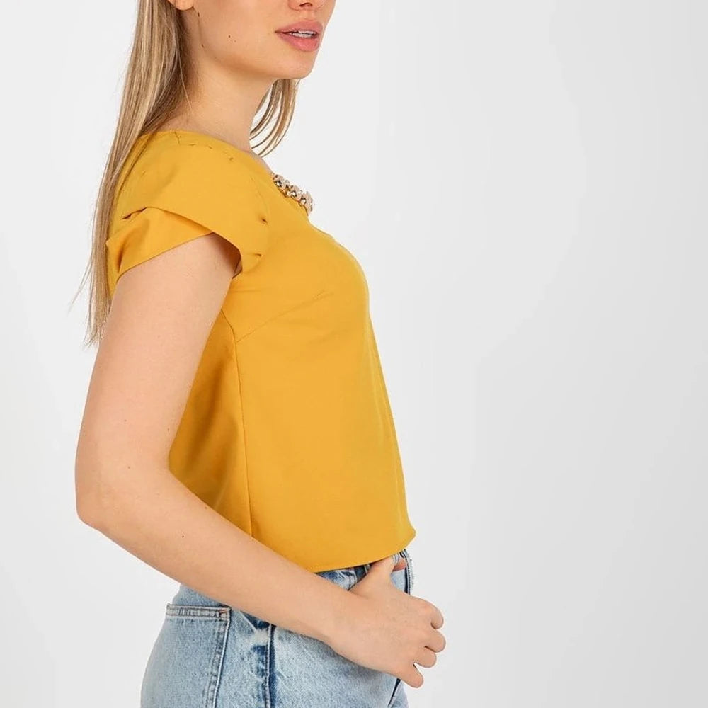 Embellished Cotton Short Sleeve Blouse
