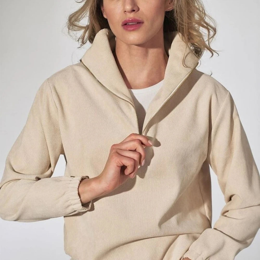 Beige Corduroy Collar Blouse with Zipper