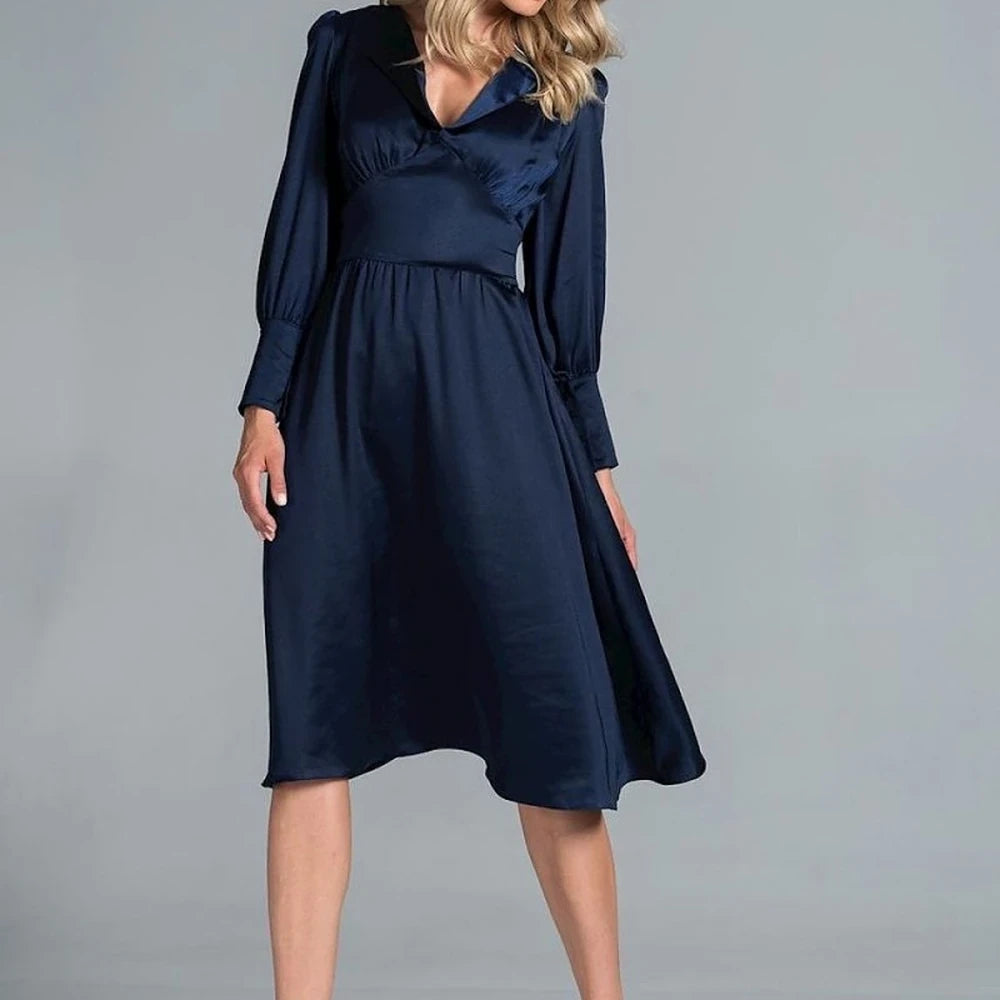 Midi Satin Dress with Lapel Neckline