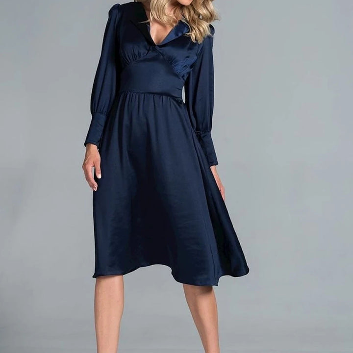 Midi Satin Dress with Lapel Neckline