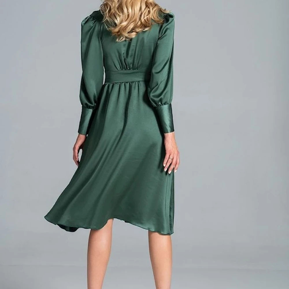 Midi Satin Dress with Lapel Neckline