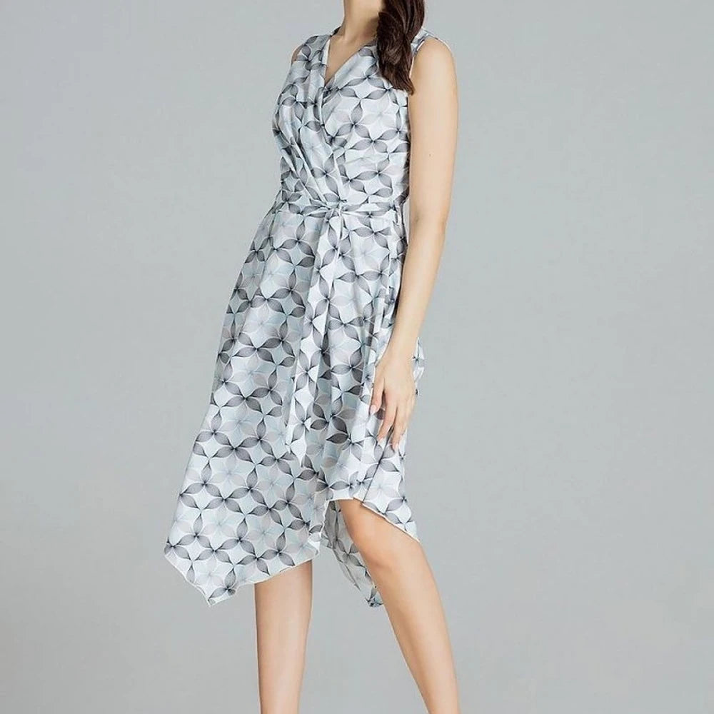 Patterned Midi Dress with Tie Belt