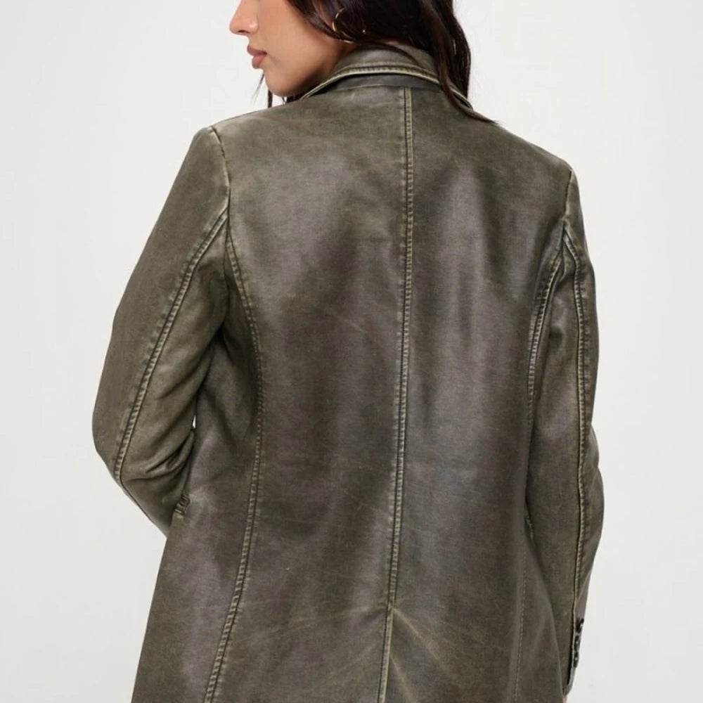 Vegan Leather Single-Breasted Blazer