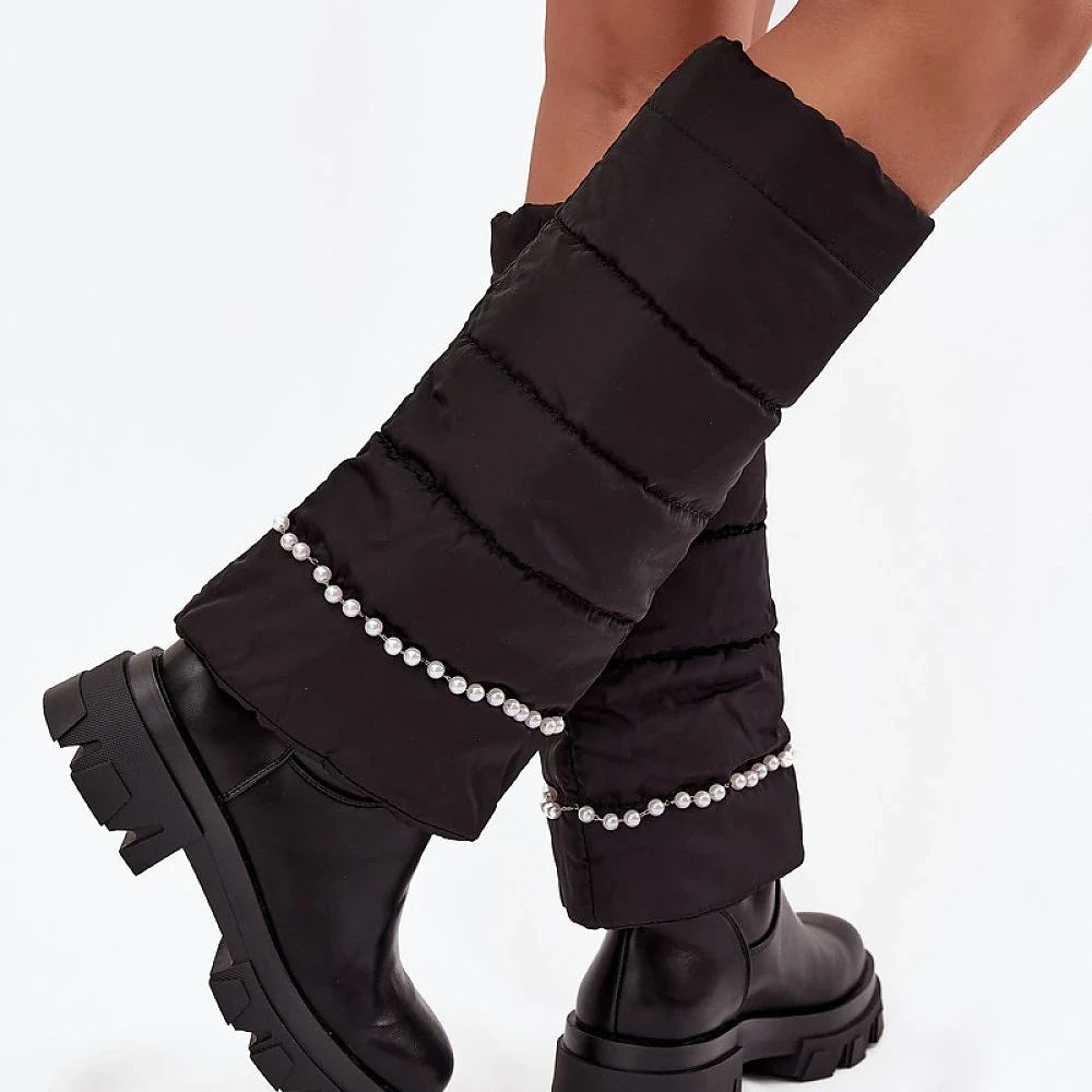 Black Thigh-High Boots with Beads