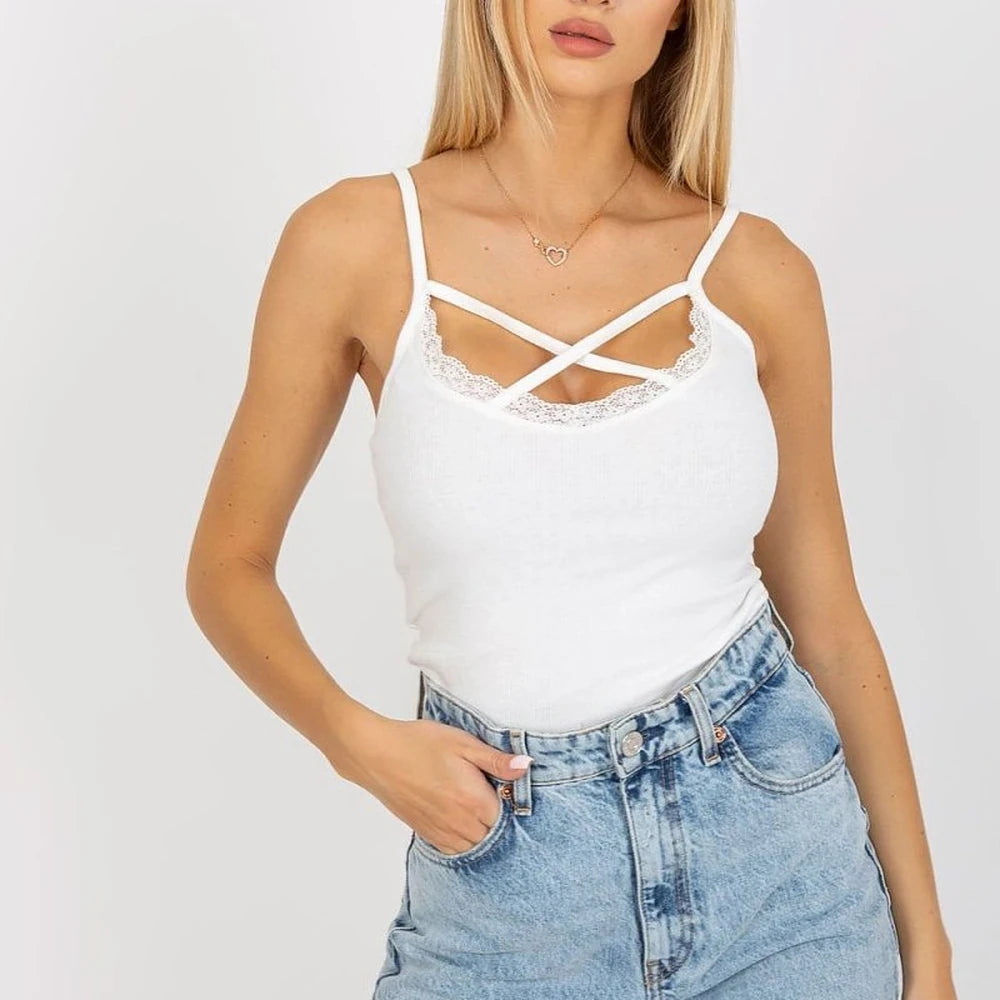 Ribbed T-Shirt with Lace Trim - Cotton Spandex