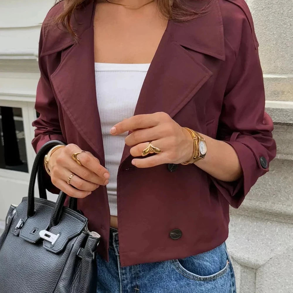 Cropped Double-Breasted Jacket with Raglan Sleeves