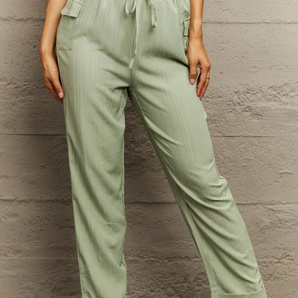 Solid Tie Waist Long Pants