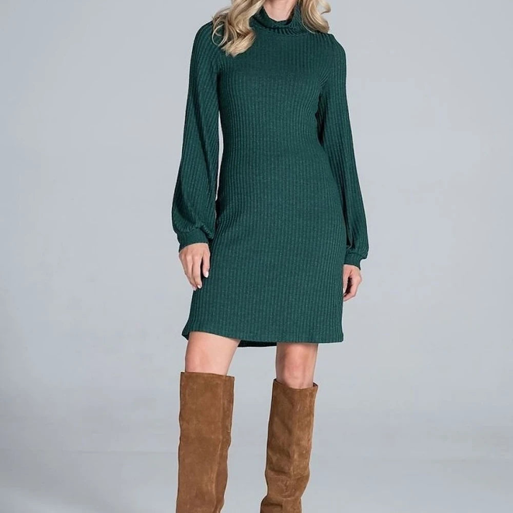 Ribbed Knit Turtleneck Midi Dress