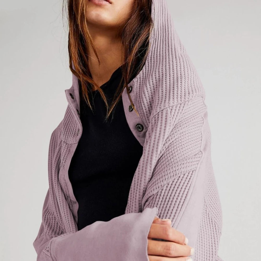 Waffle Knit Hooded Jacket with Dropped Shoulders