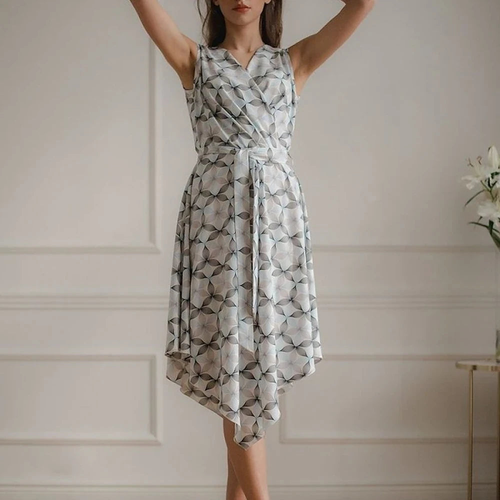 Patterned Midi Dress with Tie Belt