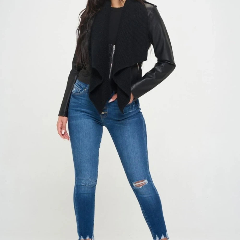 Faux Leather Knit Crop Jacket with Collar
