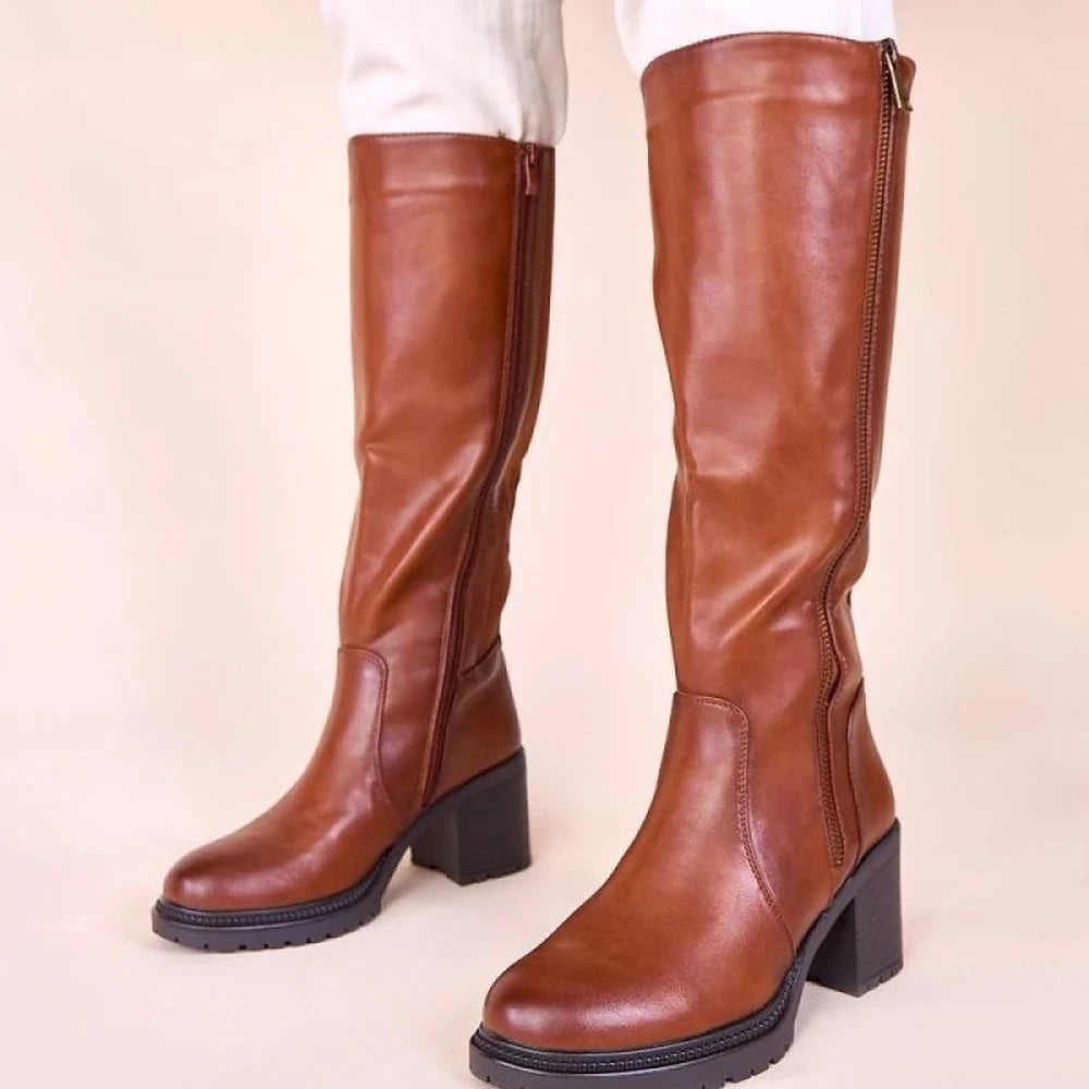 Brown Leather Heel Boots with Elastic Insert