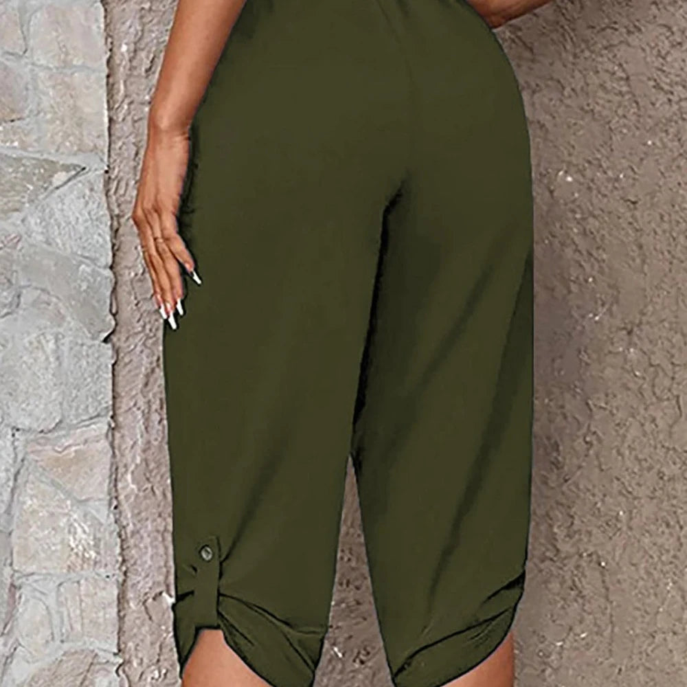 Solid Capris Pants with Roll-Tab
