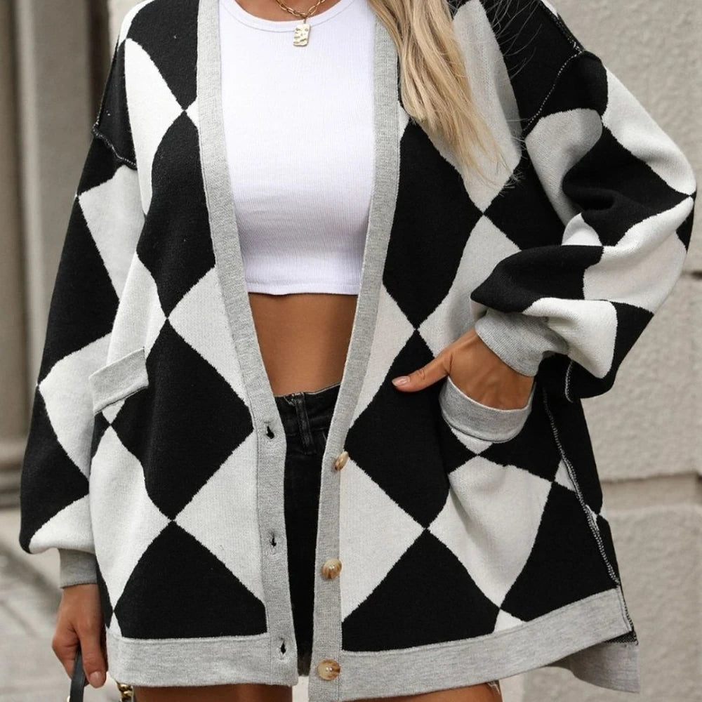 Checkered Dropped Shoulder Cardigan