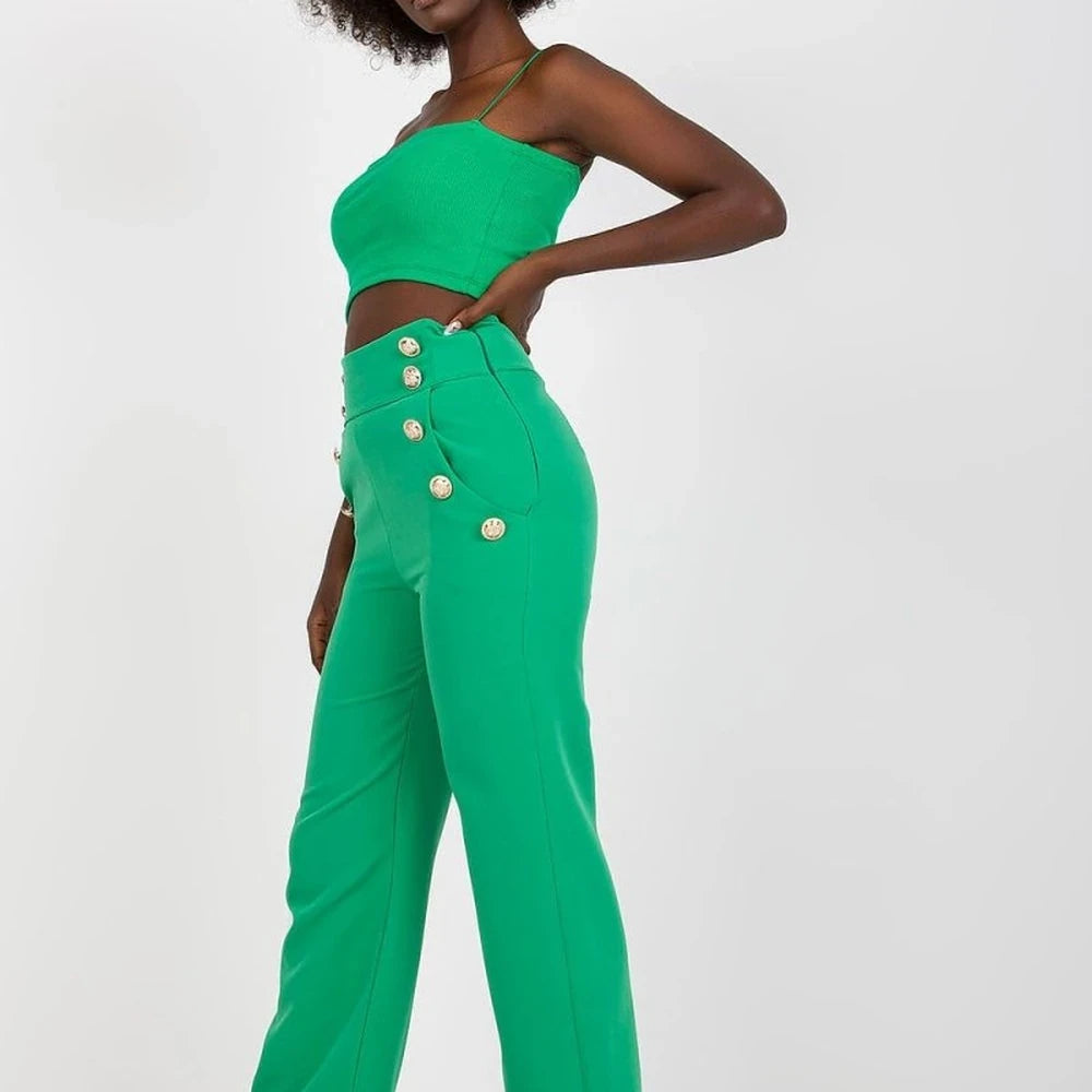 High-Waisted Trousers with Decorative Buttons