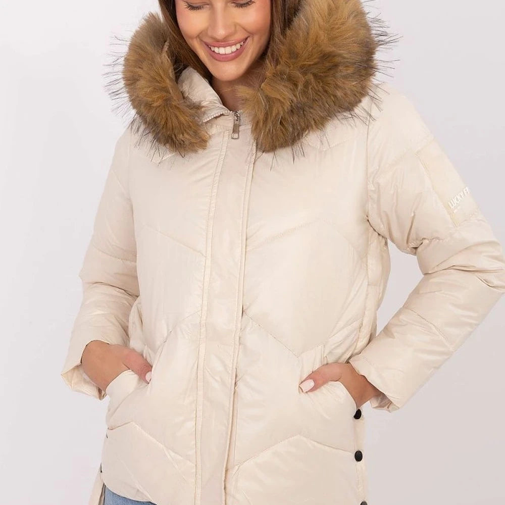 Women's Quilted Down Jacket with Detachable Fur Hood