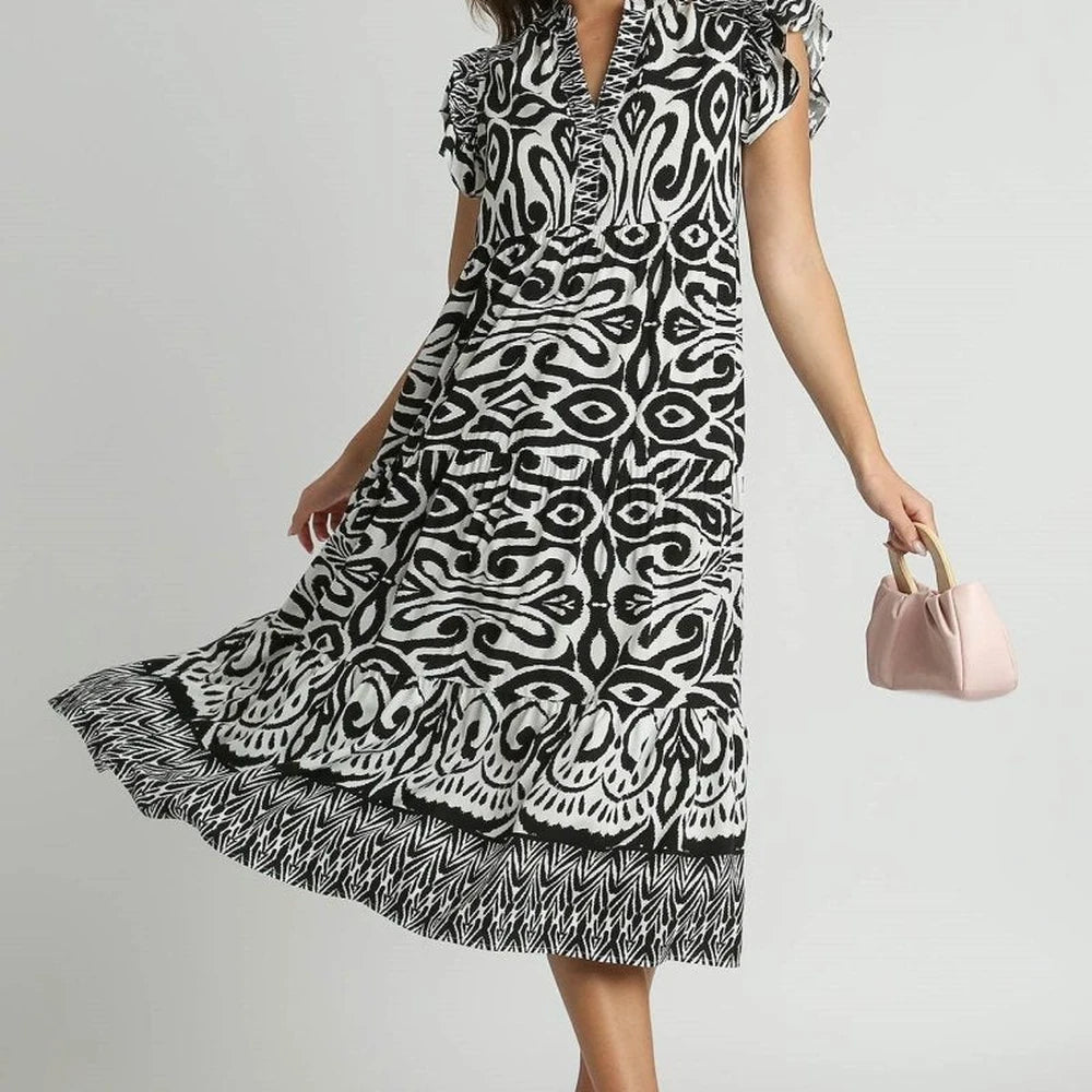 Umgee Two Tone Border Print Midi Dress