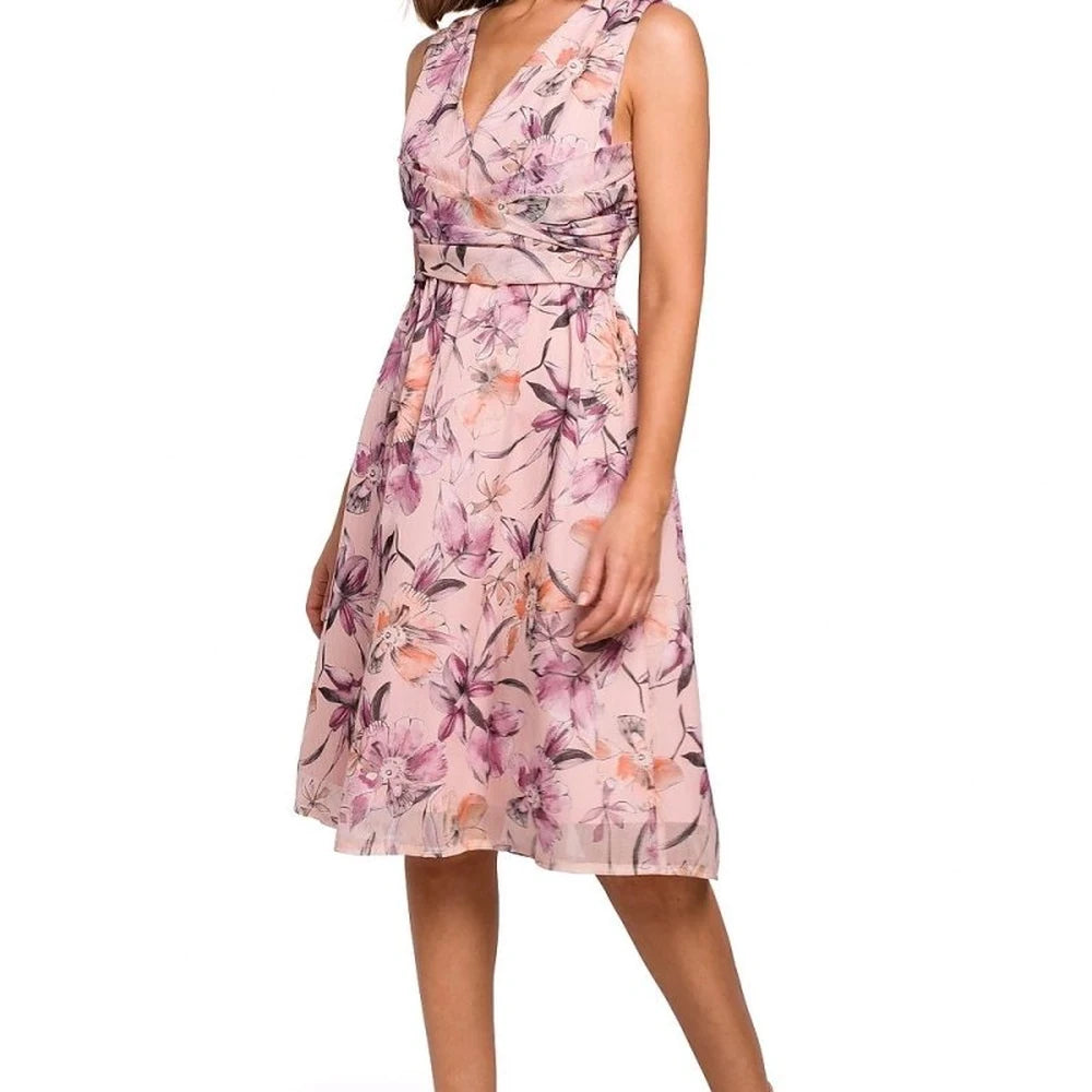 Floral Ribbed Chiffon Day Dress with Belt