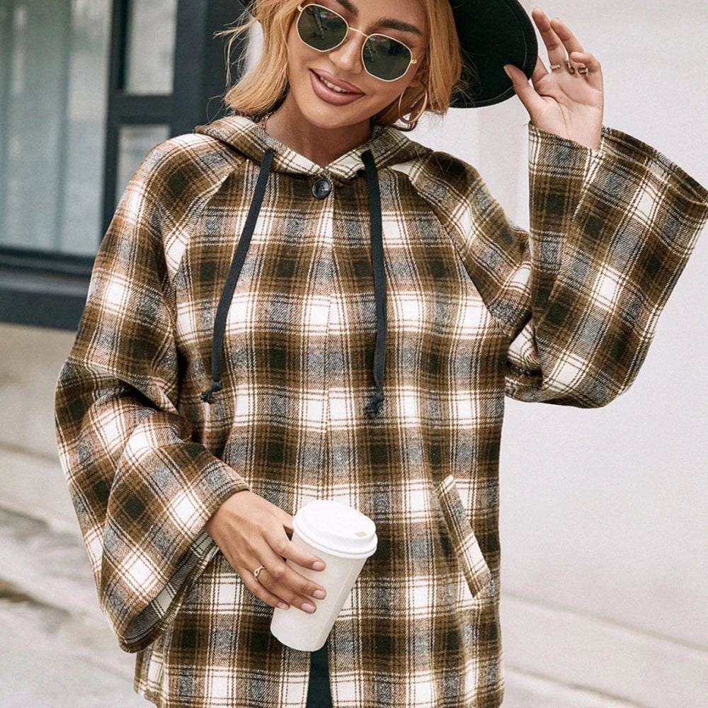 Women's Plaid Hooded Jacket with Pockets