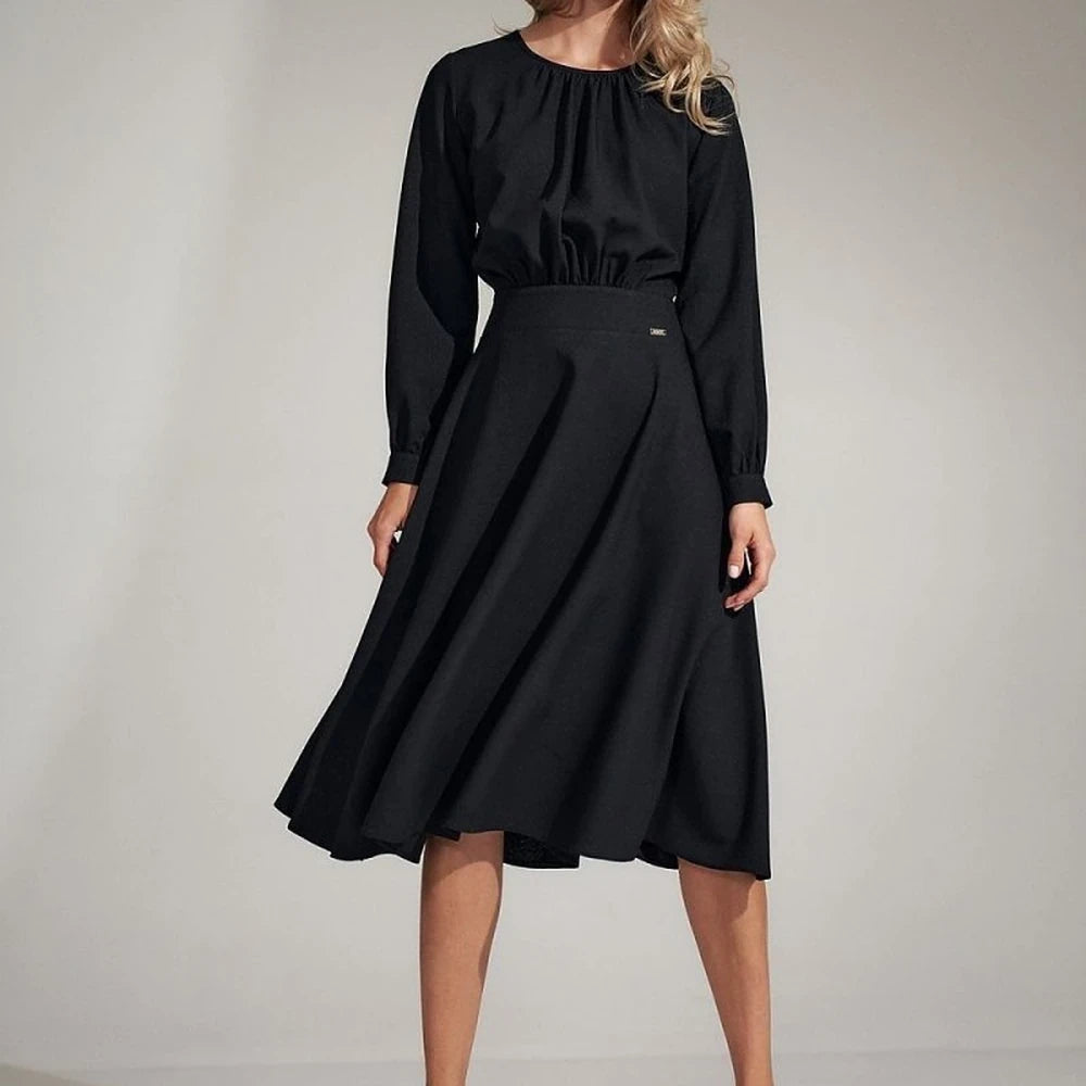 Black Flared Midi Dress with Ruffled Sleeves