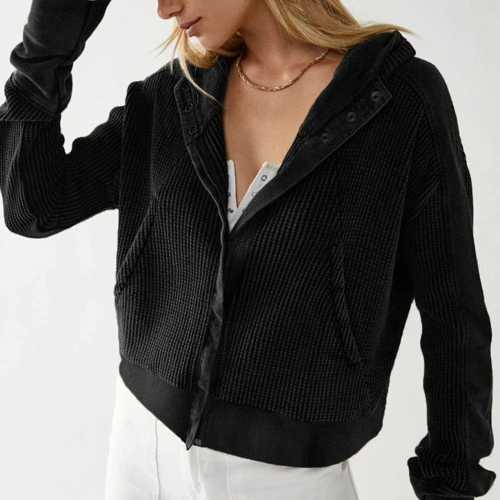 Waffle Knit Hooded Jacket with Dropped Shoulders