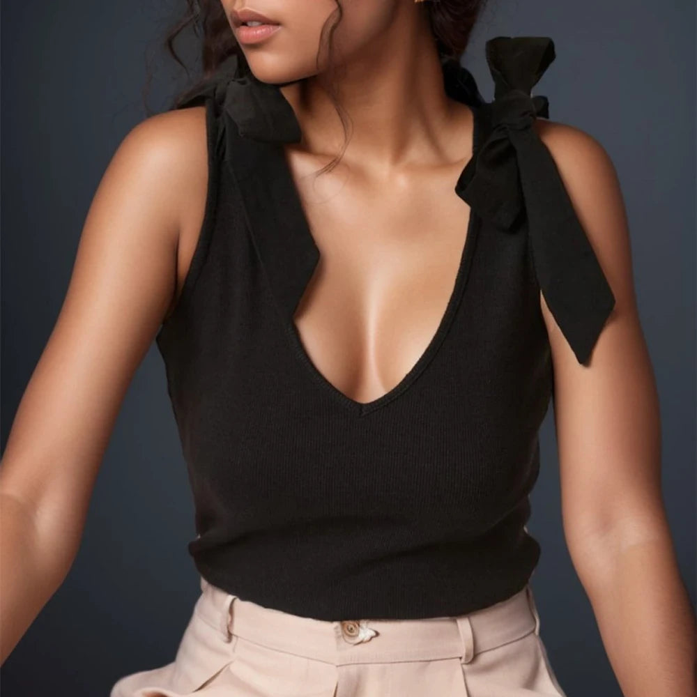 Tan V-Neck Tie Shoulder Tank